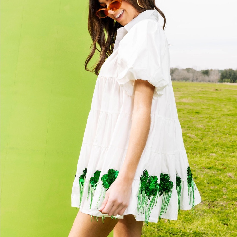 QUEEN OF SPARKLES White Mini Dress with Green Sequin Clover Trim - Picture 2 of 10